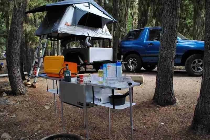 Jeep Trailer Portable Camping Kitchen Open at Campsite
